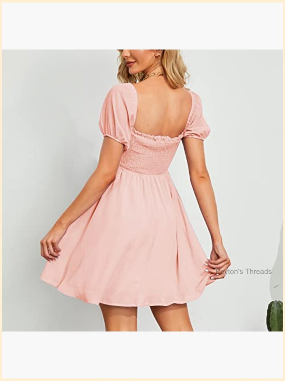 Sweetheart Neckline Dress Smocked Sundress Puff Short Sleeve Drawstring - Picture 4 of 7